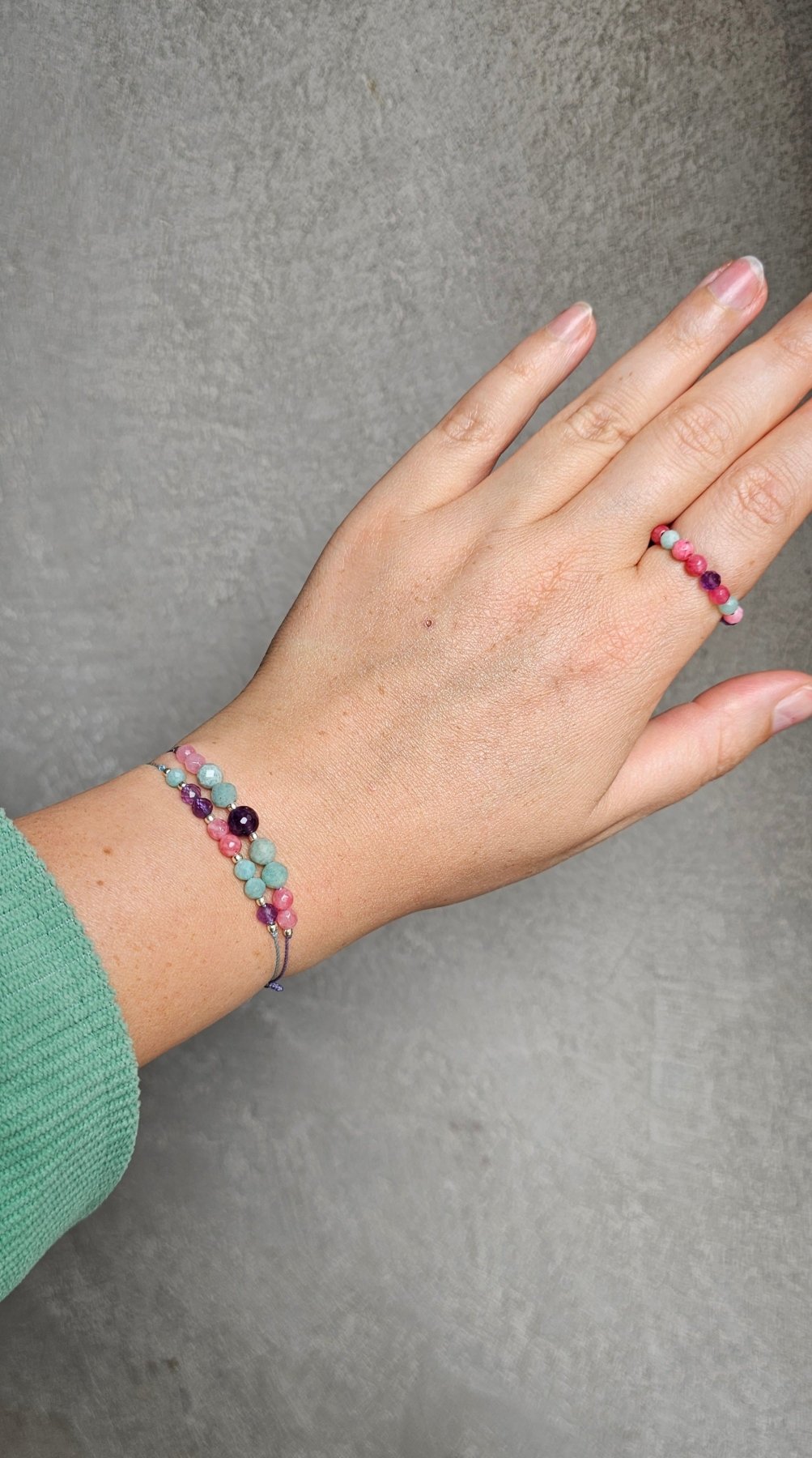 Serenity Glow Elastic Ring - Amethyst - Amazonite - Chalcedony - BellishSerenity Glow Elastic Ring - Amethyst - Amazonite - Chalcedony