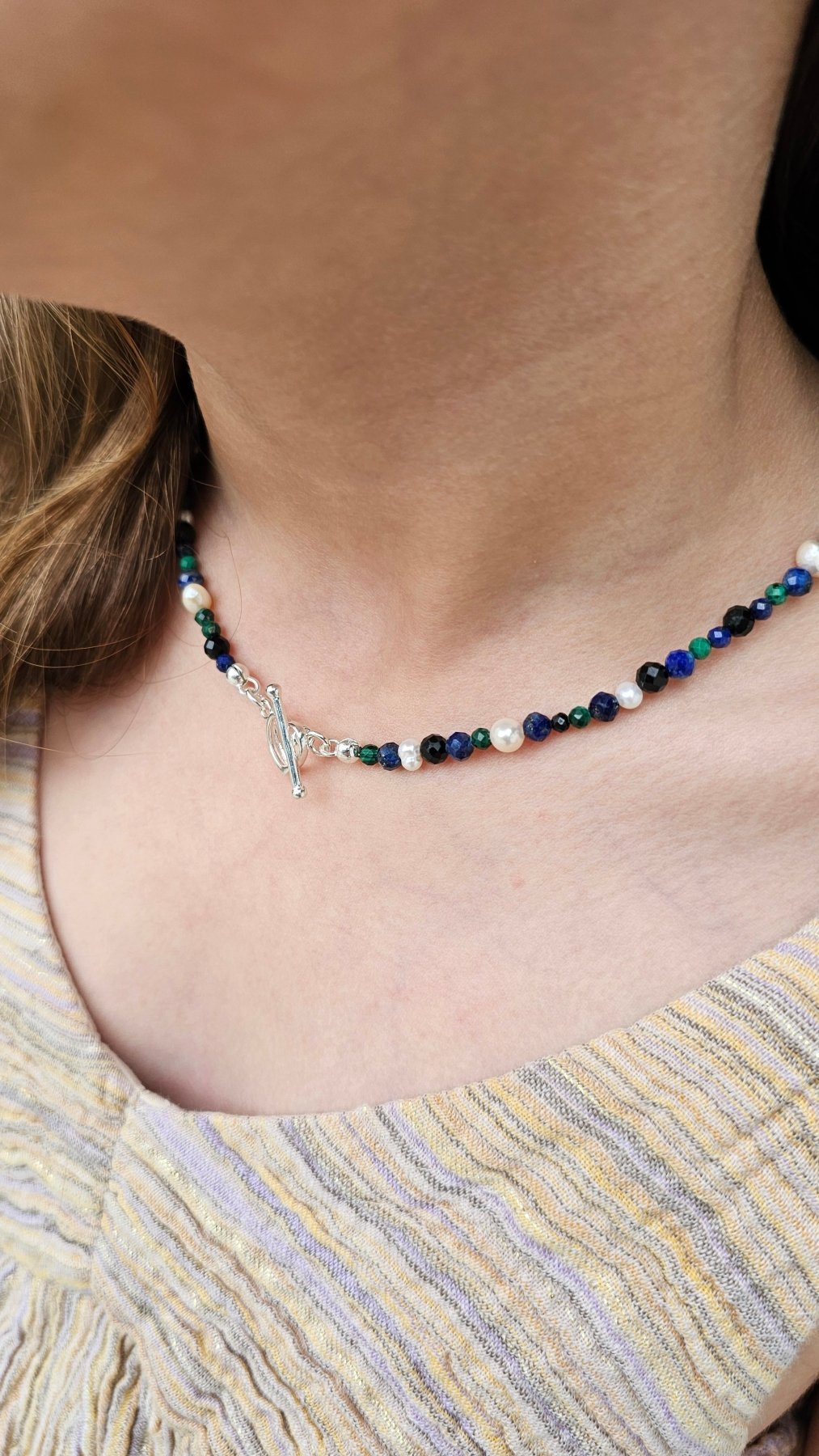 Stormborn Choker 43cm - Lapis Lazuli , Malachite , Pearl - BellishStormborn Choker 43cm - Lapis Lazuli , Malachite , Pearl