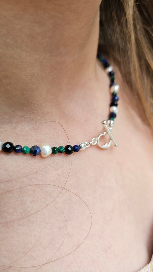 Stormborn Choker 43cm - Lapis Lazuli , Malachite , Pearl - BellishStormborn Choker 43cm - Lapis Lazuli , Malachite , Pearl
